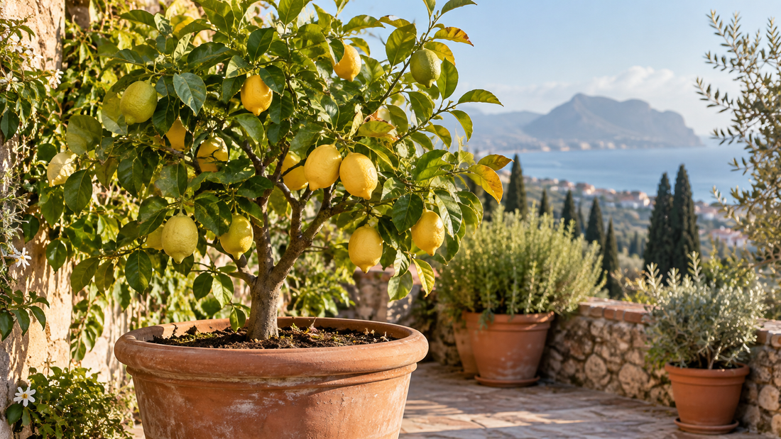    Pianta di limone con frutti in un giardino mediterraneo alla fine dell’estate