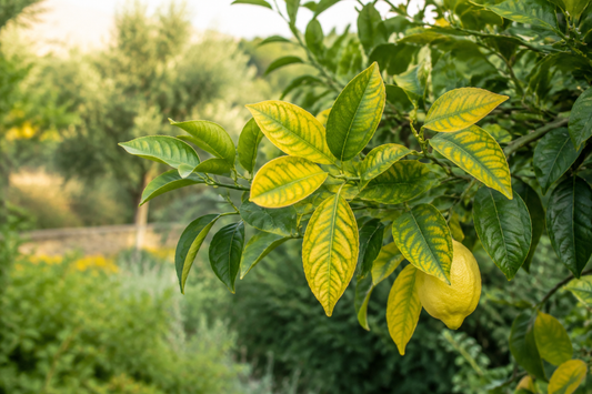 Foglie gialle con nervature verdi su una pianta di limone